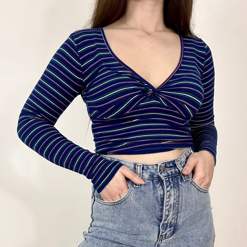 *Garage Blue Striped V Neck Twist Long Sleeve